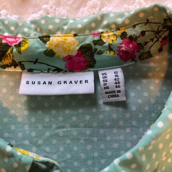 Susan Graver Button down Blouse, sz 12, aqua polka dot & floral, cotton/spandex - Picture 2 of 8